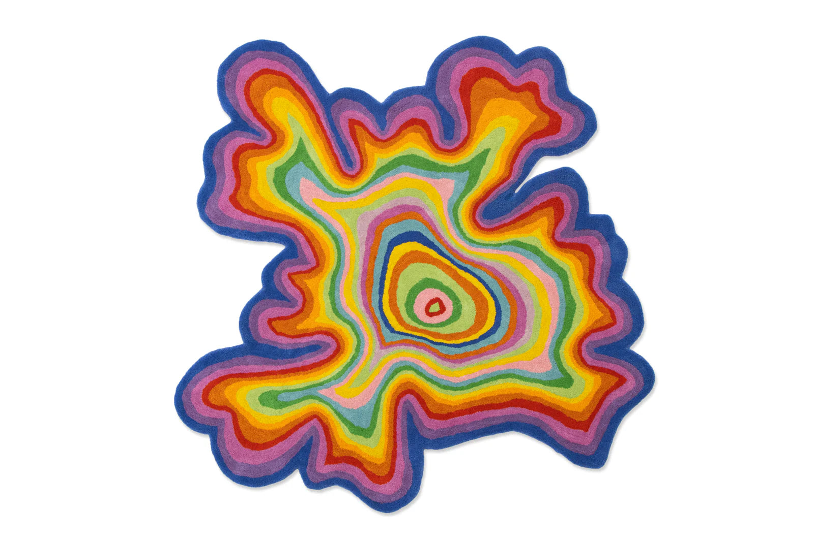 A multicolored, abstract patterned rug with shades of yellow, pink, blue, and purple
