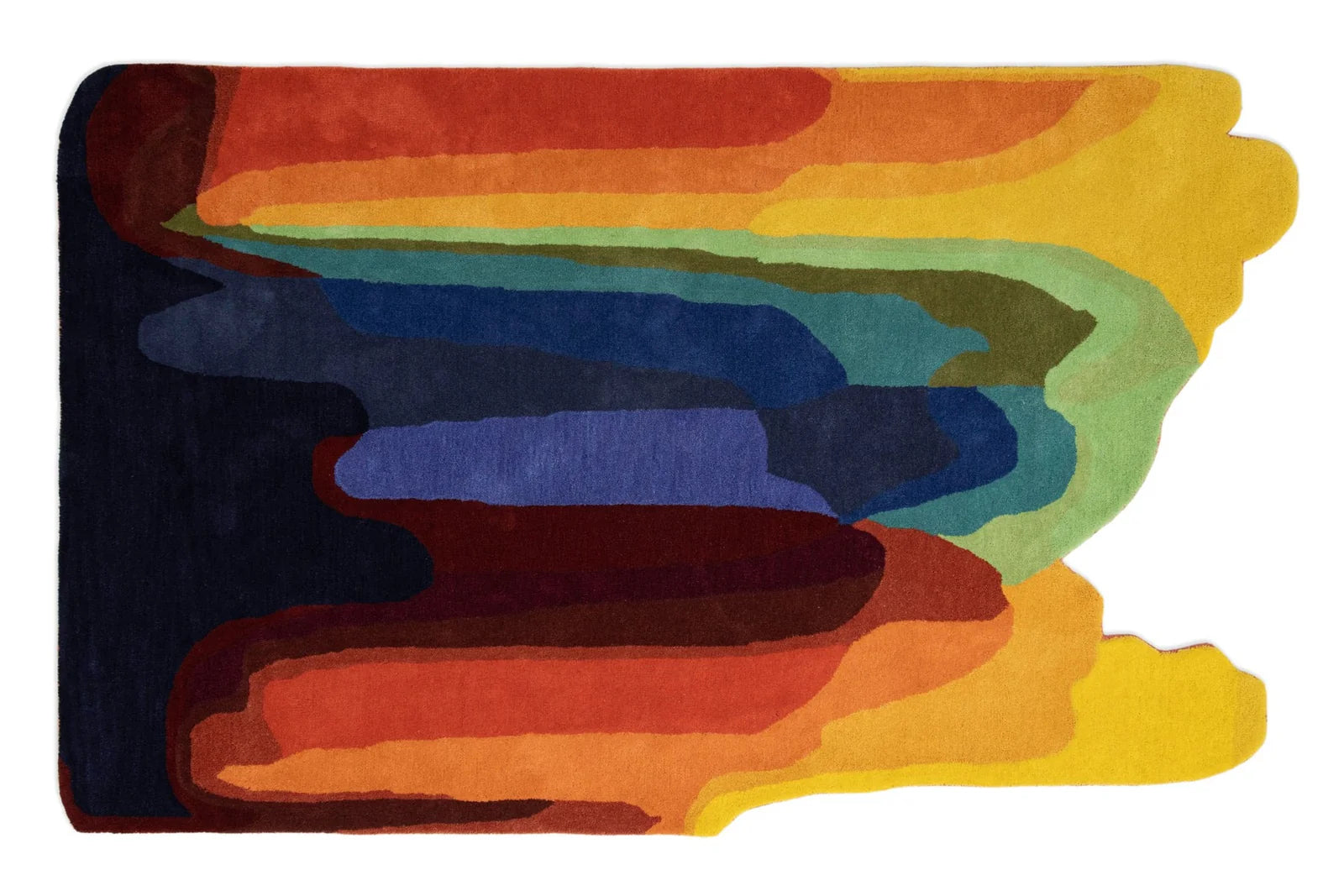 A multicolored, abstract design wool rug featuring a range of colors including black, blue, green, yellow, and brown.
